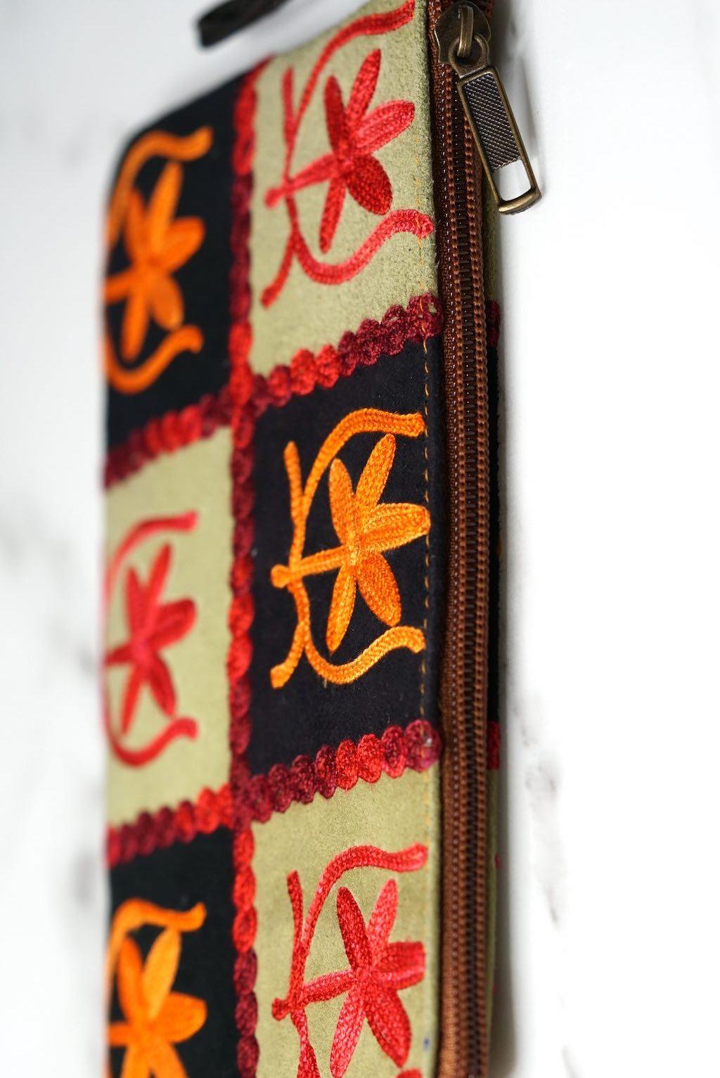 Everyday purse with beautiful handmade cashmere embroidery,  boho style wristlet purse.