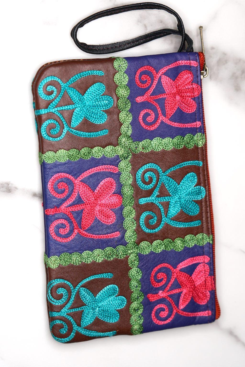 Everyday purse with beautiful handmade cashmere embroidery,  boho style wristlet purse.