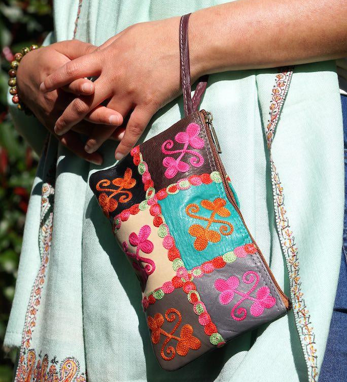 Fair trade womens purse with kashmiri design hand embroidery colorful purse.
