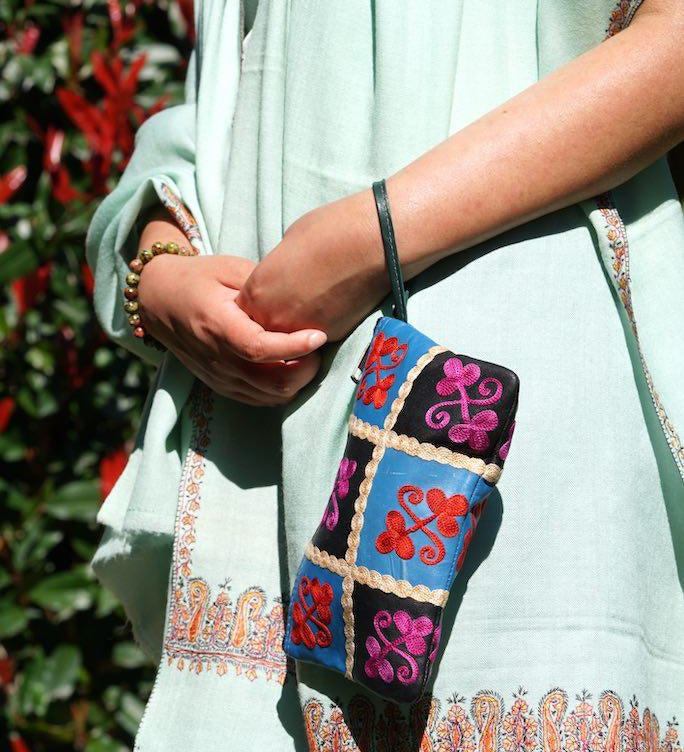 Fair trade womens purse with kashmiri design hand embroidery colorful purse.