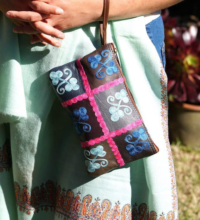 Fair trade womens purse with kashmiri design hand embroidery colorful purse.