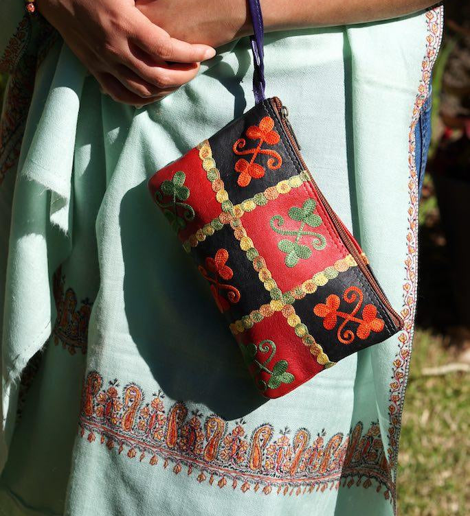 Fair trade womens purse with kashmiri design hand embroidery colorful purse.