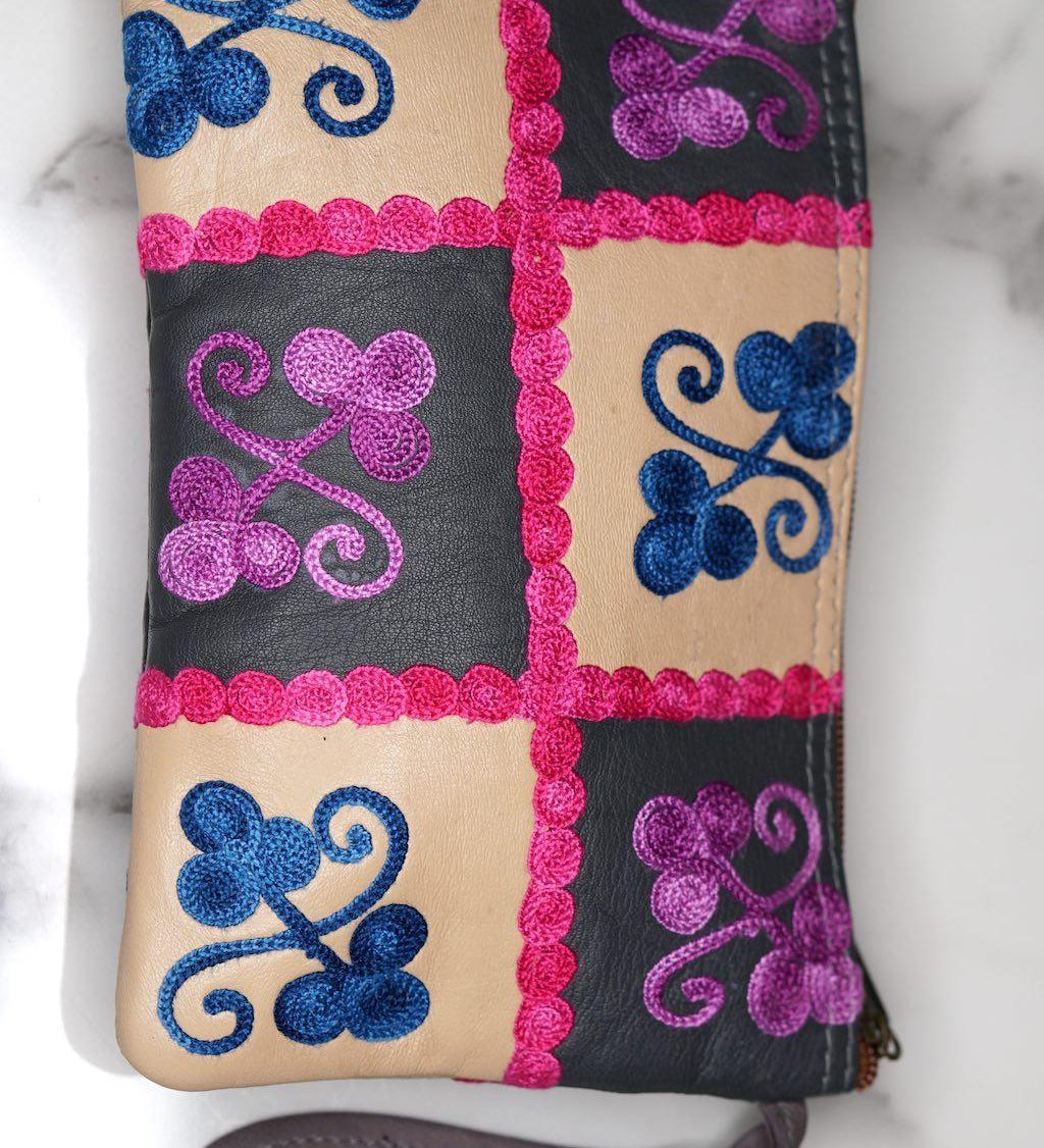 Fair trade womens purse with kashmiri design hand embroidery colorful purse.