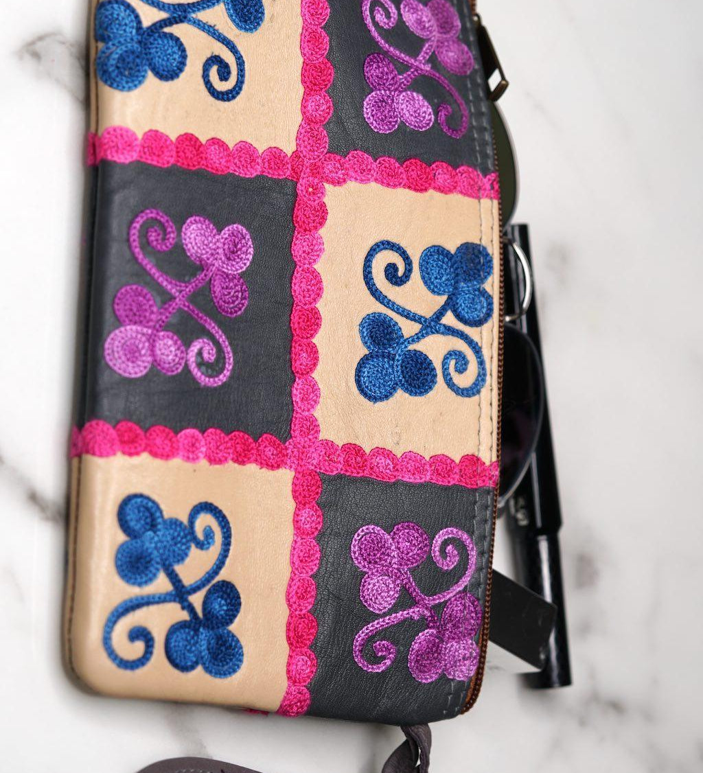 Fair trade womens purse with kashmiri design hand embroidery colorful purse.