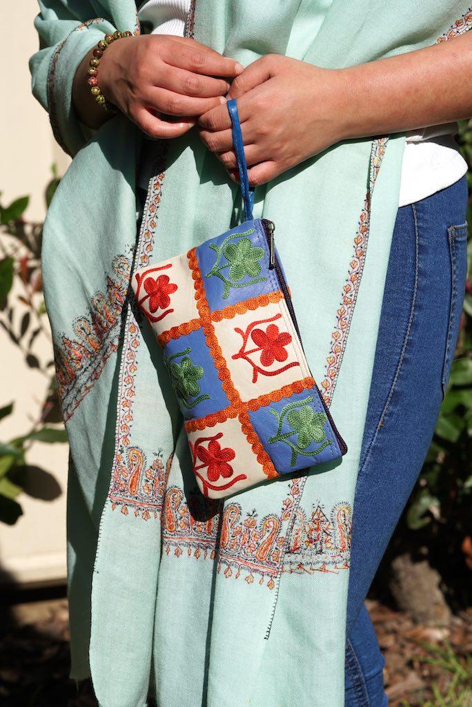Beautiful handmade wristlet purse with Kashmiri embroidery for everyday use.