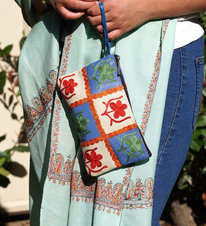 Beautiful handmade wristlet purse with Kashmiri embroidery for everyday use.
