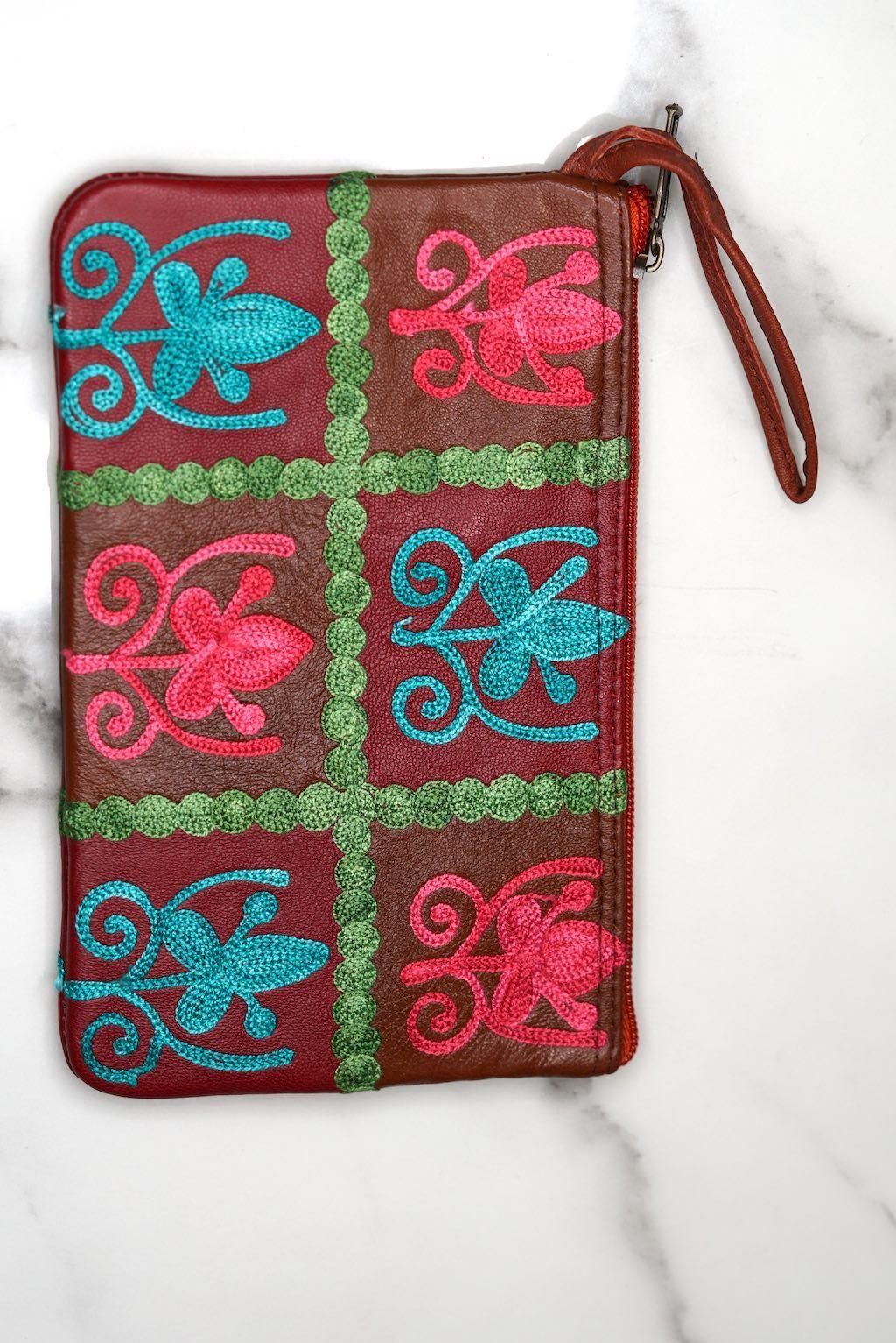 Everyday purse with beautiful handmade cashmere embroidery,  boho style wristlet purse.