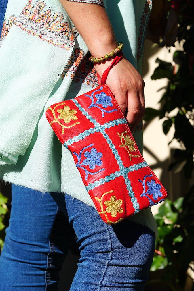 Beautiful handmade wristlet purse with Kashmiri embroidery for everyday use.