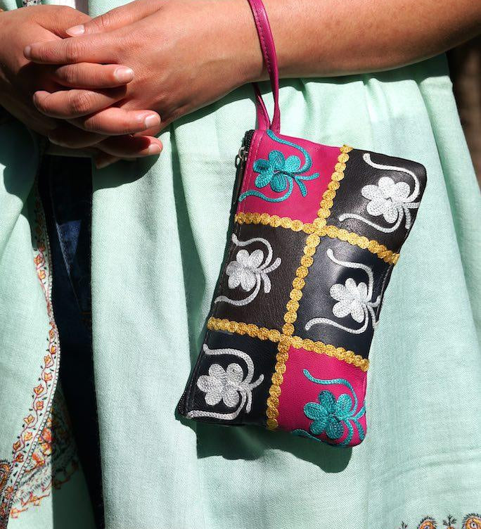 Beautiful handmade wristlet purse with Kashmiri embroidery for everyday use.