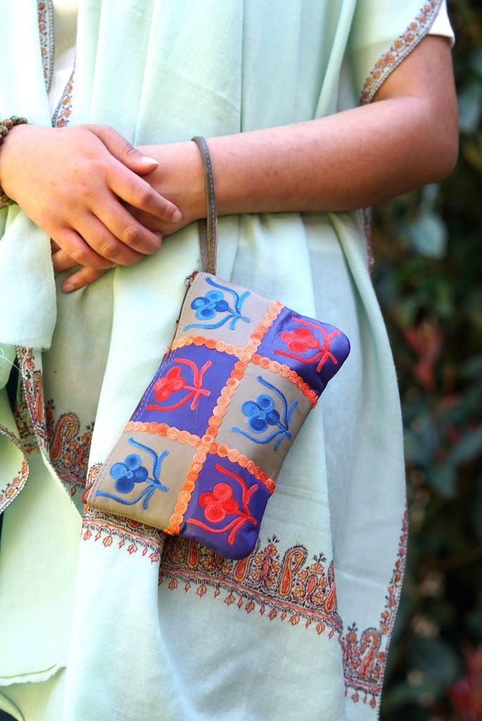 Beautiful handmade wristlet purse with Kashmiri embroidery for everyday use.