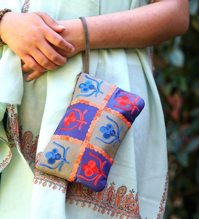 Beautiful handmade wristlet purse with Kashmiri embroidery for everyday use.