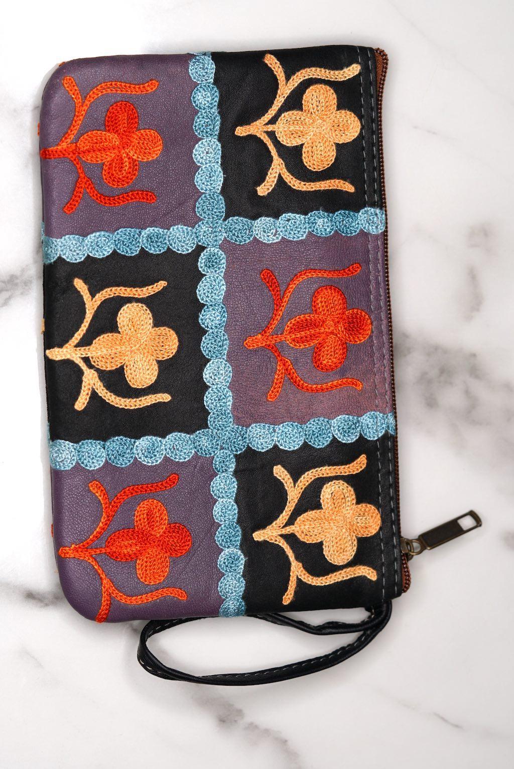 Beautiful handmade wristlet purse with Kashmiri embroidery for everyday use.