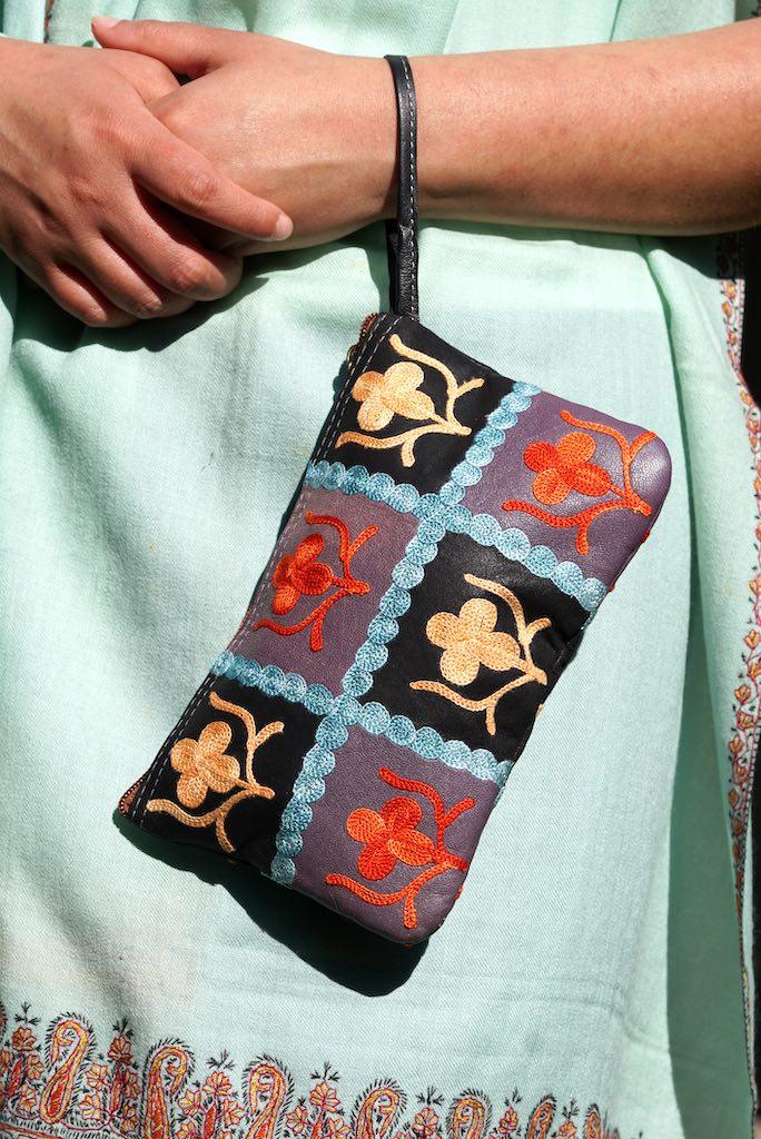 Beautiful handmade wristlet purse with Kashmiri embroidery for everyday use.