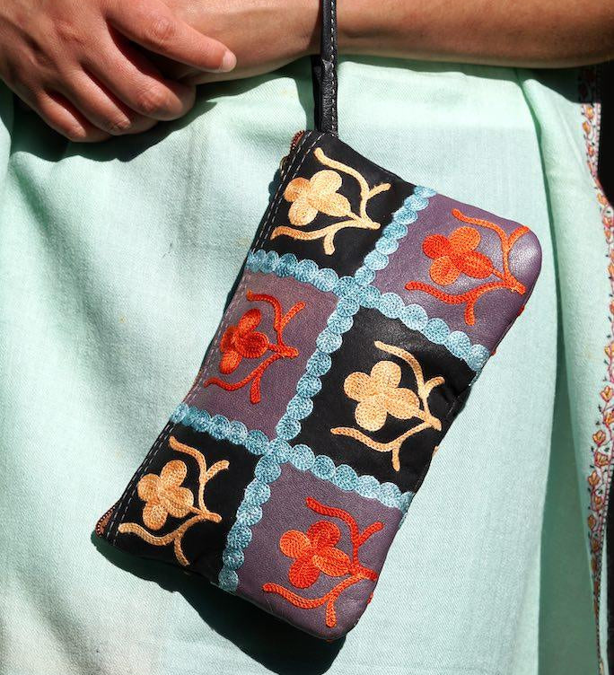 Beautiful handmade wristlet purse with Kashmiri embroidery for everyday use.