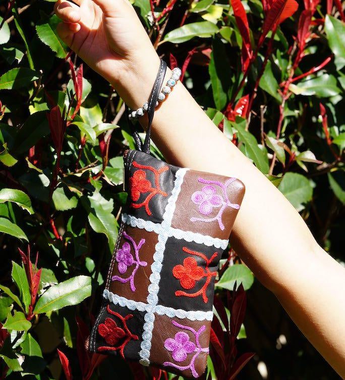 Beautiful handmade wristlet purse with Kashmiri embroidery for everyday use.