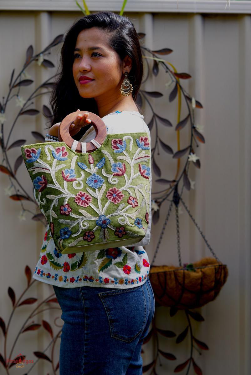 A stylist women’s Tote bag for everyday use, handmade and kashmiri embroidery design for boho style.