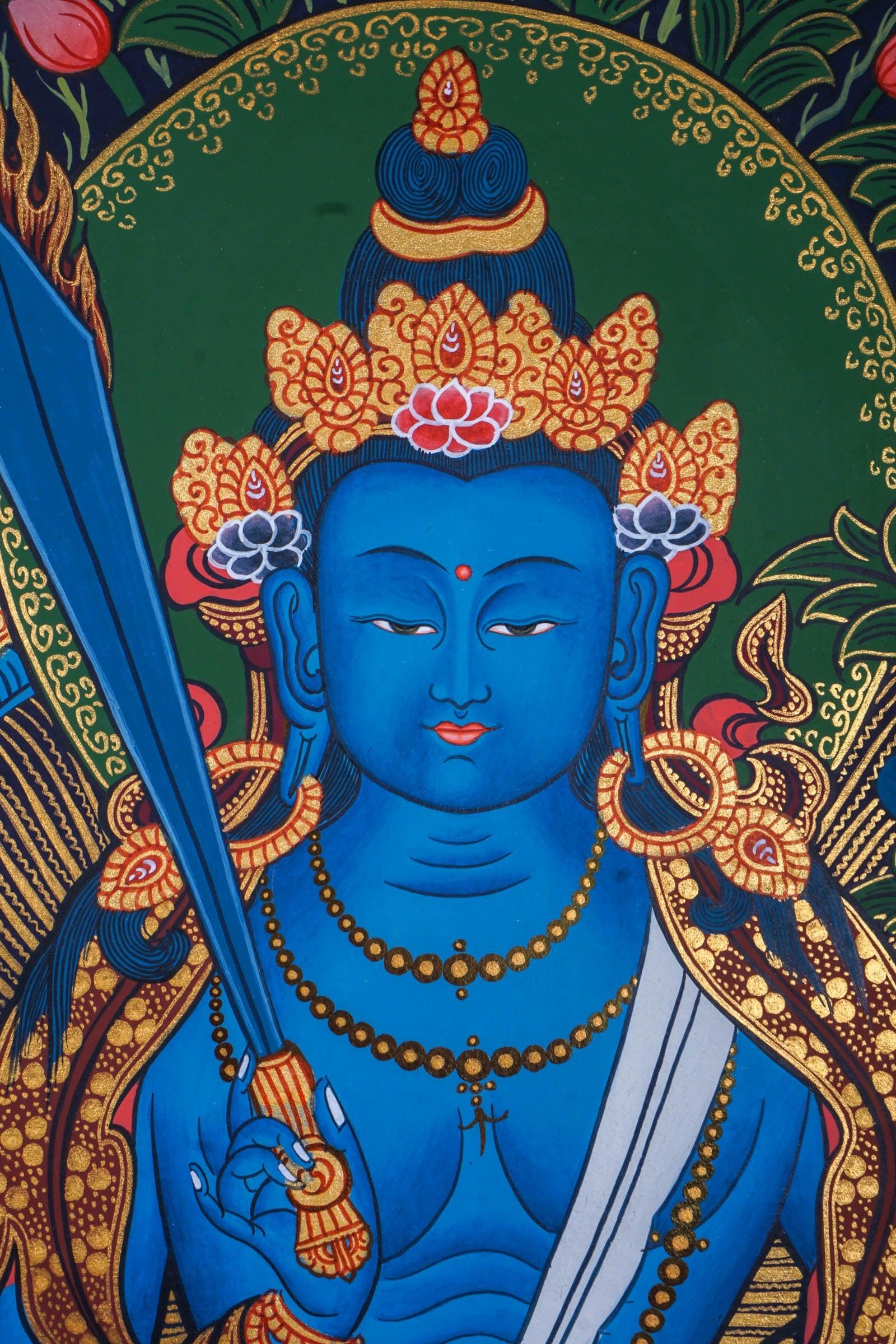 Japanese Style - Monju Bosatsu Thangka Painting For Meditational Practice and Spiritual Gifts