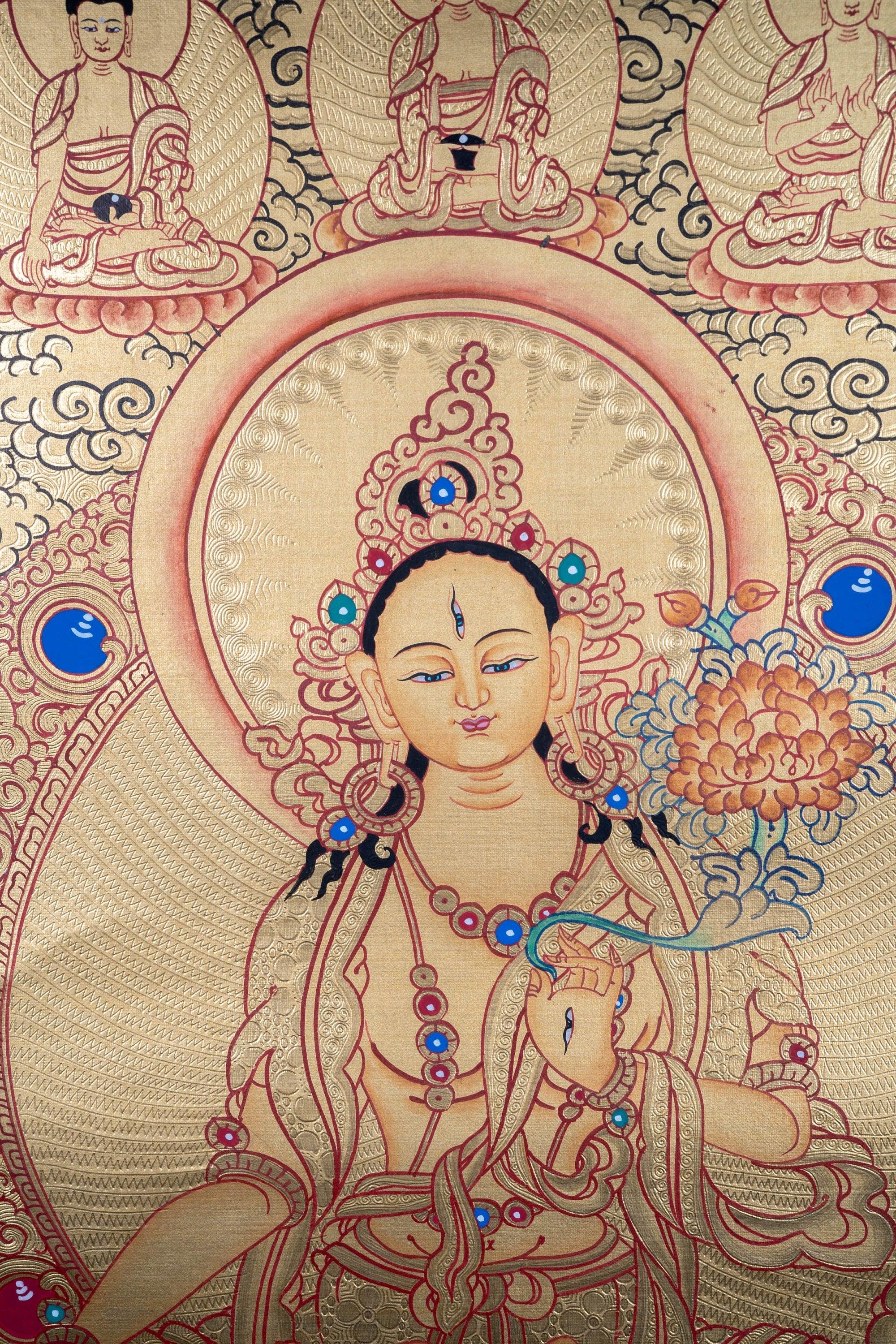 White Tara with Five Buddhas Thangka - Himalayas Shop