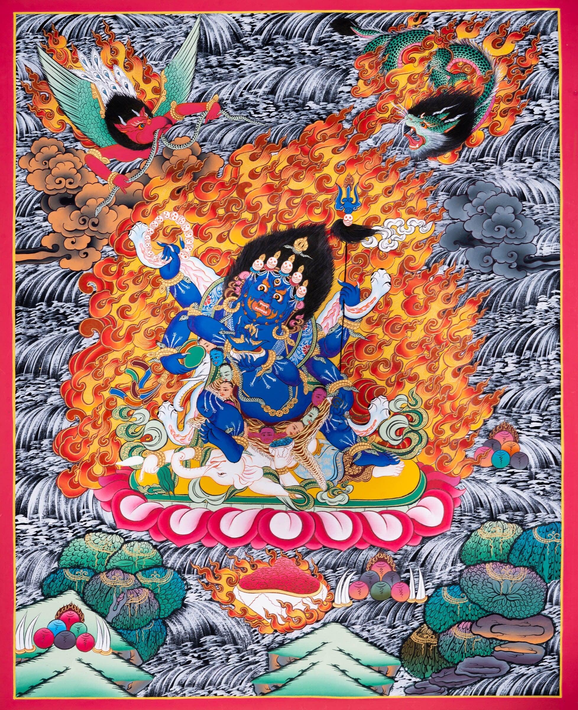 Thangka painting of Mahakala wrathful form of Avalokiteshvara in Tibetan Buddhism