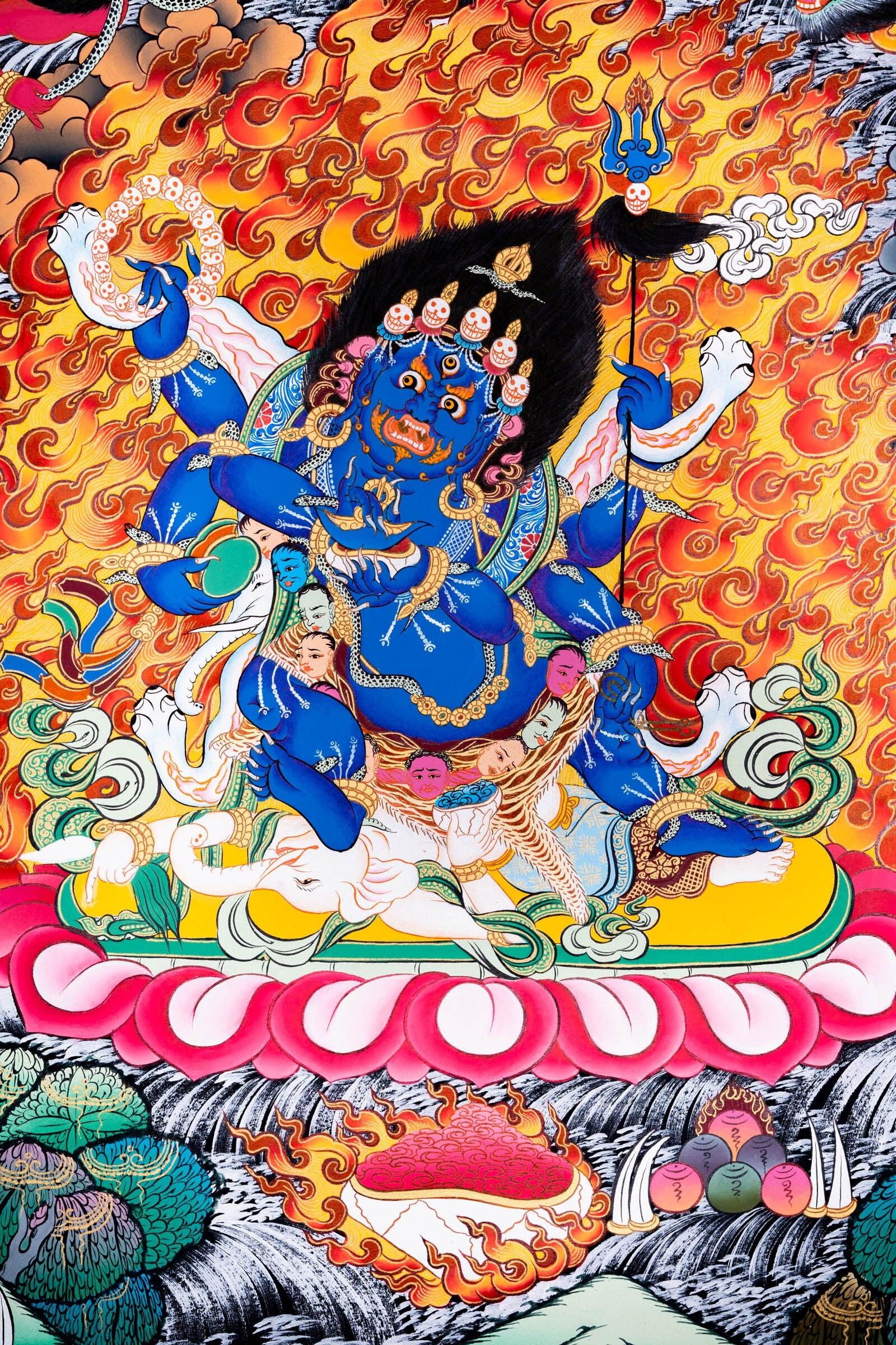 Thangka painting of Mahakala wrathful form of Avalokiteshvara in Tibetan Buddhism
