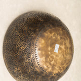 Handmade Himalayan lotus singing bowl carved design tuned to F3 and C5 for throat chakra sound healing