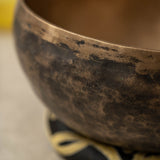 Handmade KOPRE BOWL Himalayan singing bowl from Nepal with G3 Throat Chakra fundamental note and C5 Root Chakra overtone for meditation and sound healing.