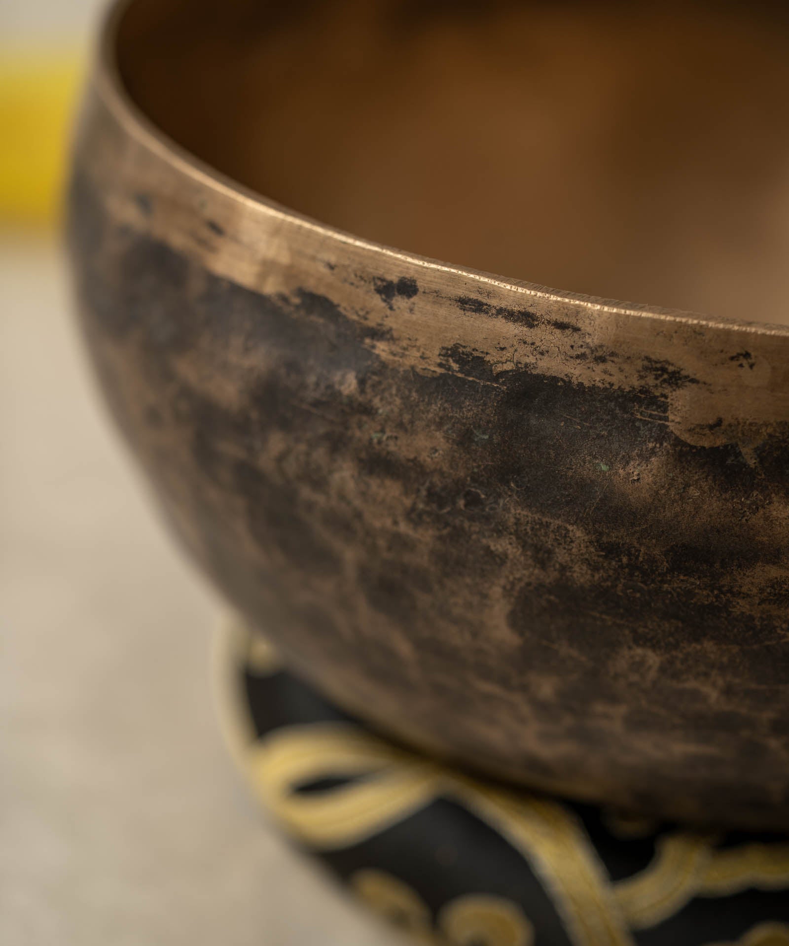Handmade KOPRE BOWL Himalayan singing bowl from Nepal with G3 Throat Chakra fundamental note and C5 Root Chakra overtone for meditation and sound healing.