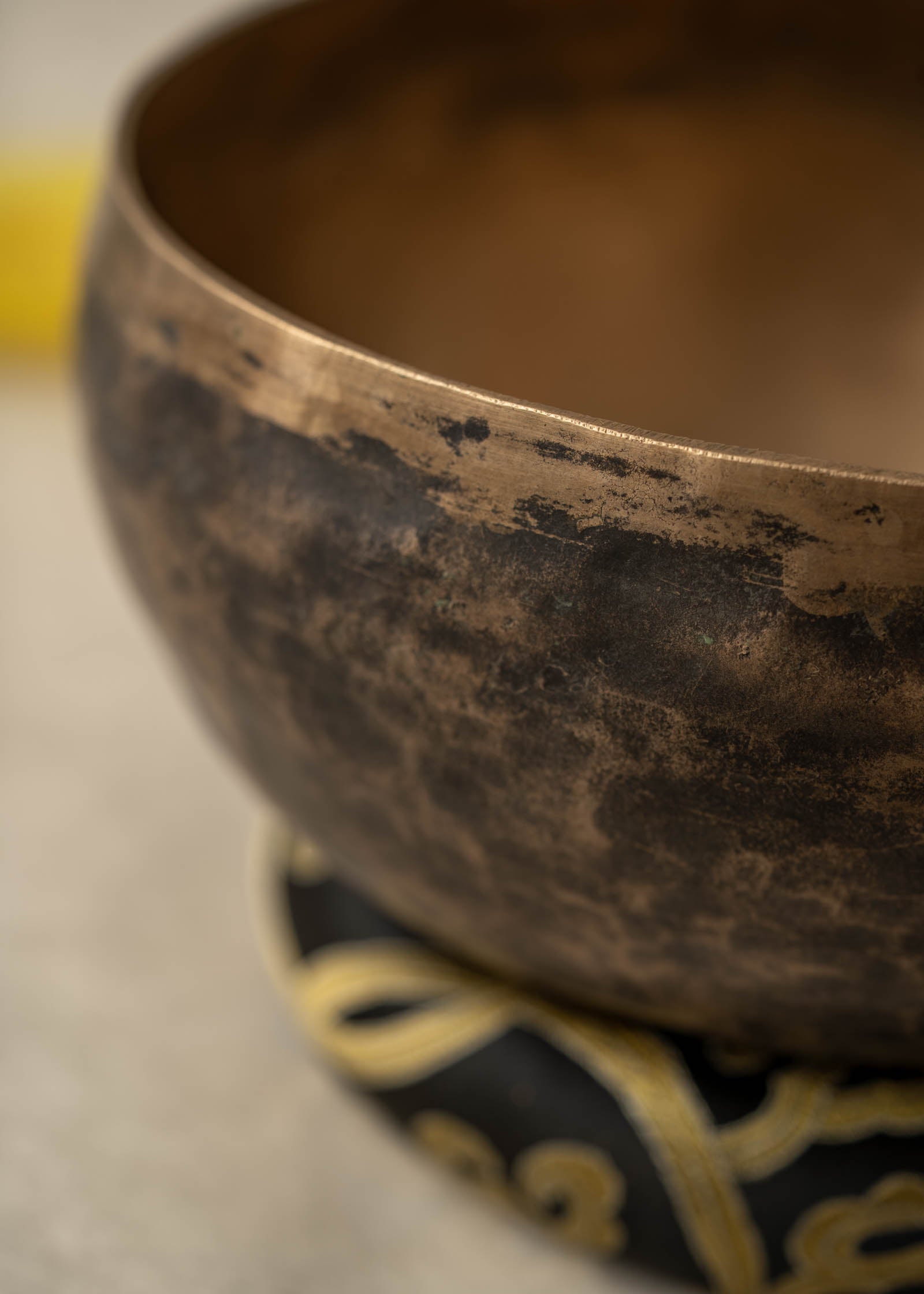 Handmade KOPRE BOWL Himalayan singing bowl from Nepal with G3 Throat Chakra fundamental note and C5 Root Chakra overtone for meditation and sound healing.