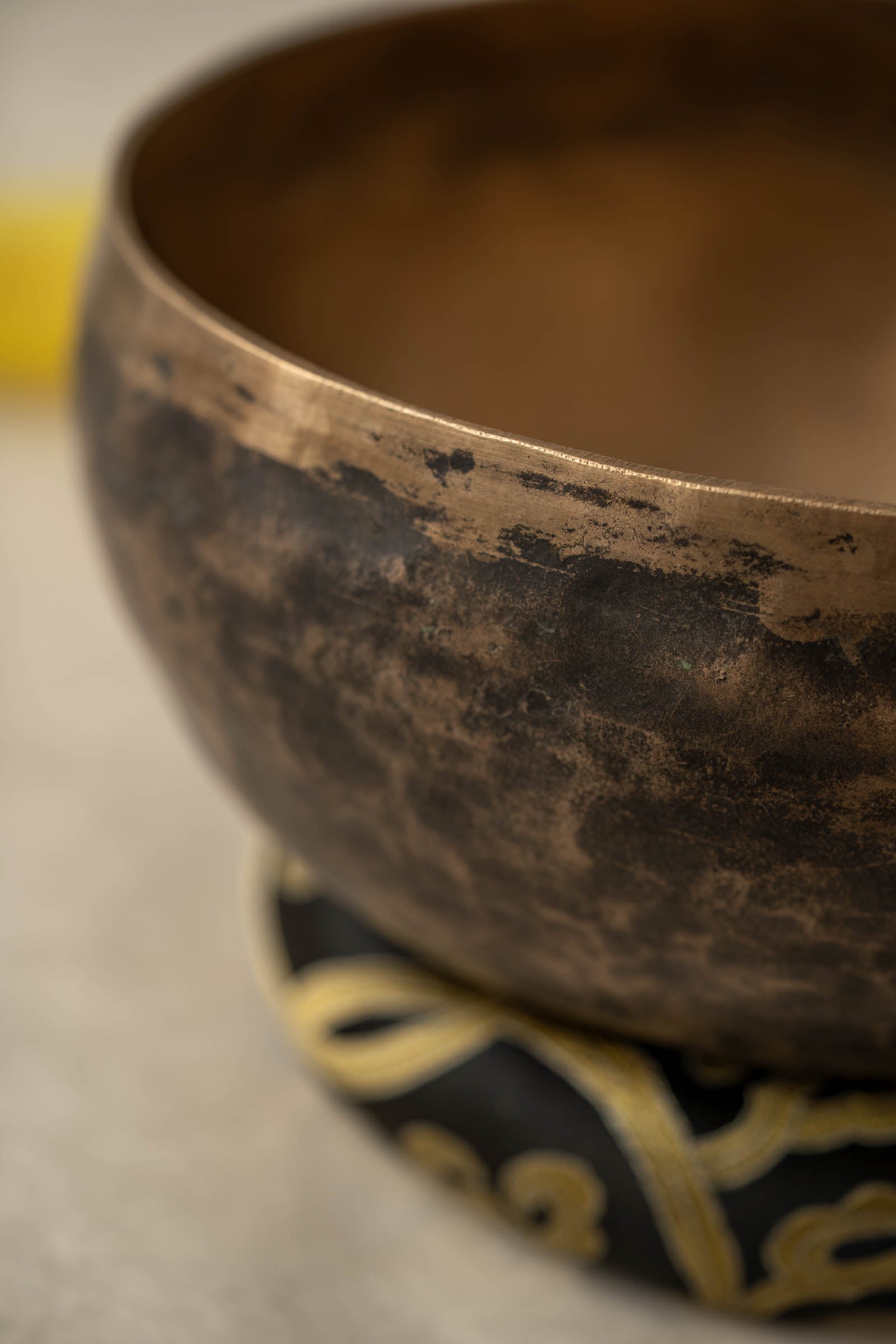 Handmade KOPRE BOWL Himalayan singing bowl from Nepal with G3 Throat Chakra fundamental note and C5 Root Chakra overtone for meditation and sound healing.