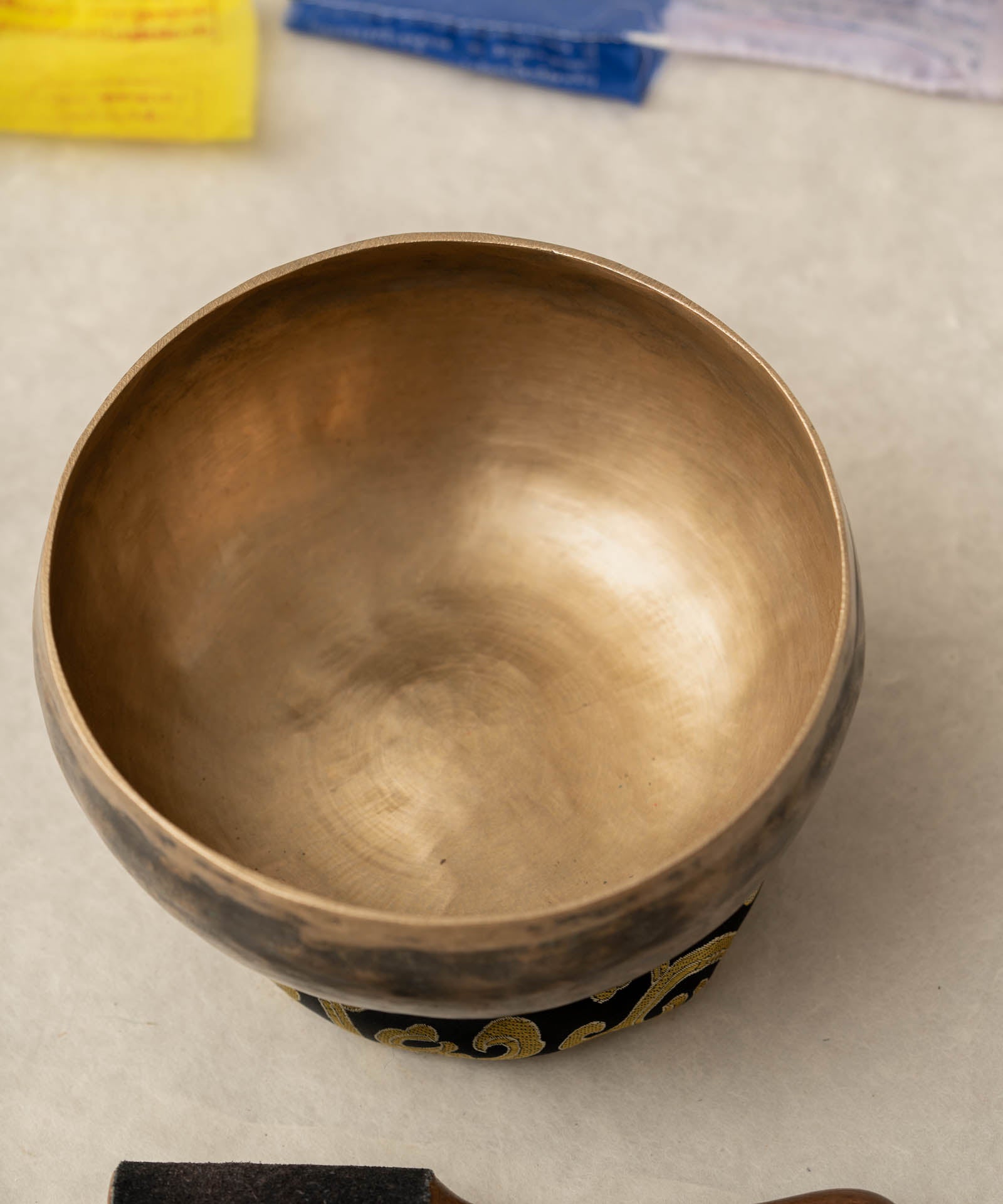 Handmade KOPRE BOWL Himalayan singing bowl from Nepal with G3 Throat Chakra fundamental note and C5 Root Chakra overtone for meditation and sound healing.
