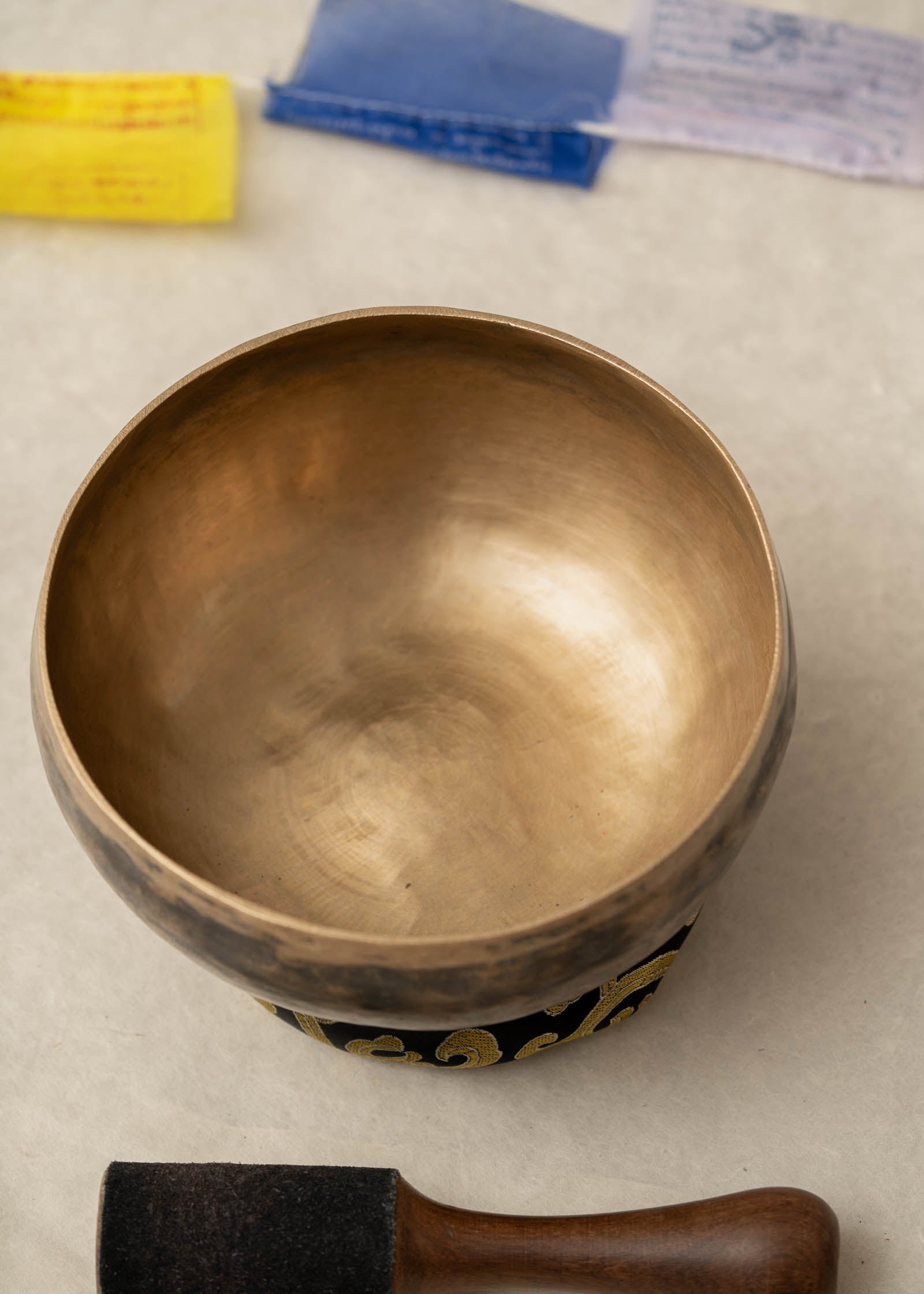 Handmade KOPRE BOWL Himalayan singing bowl from Nepal with G3 Throat Chakra fundamental note and C5 Root Chakra overtone for meditation and sound healing.