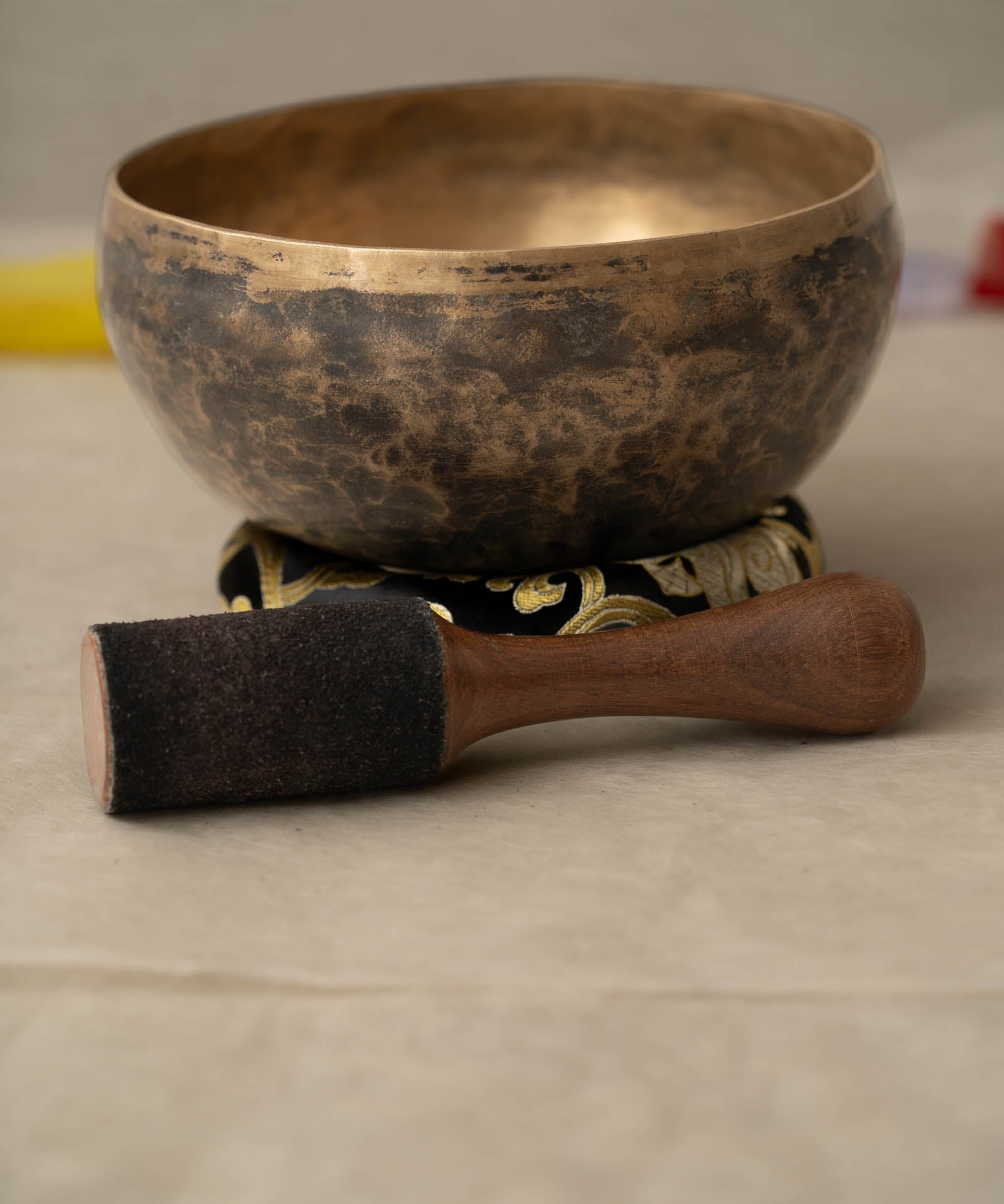 Handmade KOPRE BOWL Himalayan singing bowl from Nepal with G3 Throat Chakra fundamental note and C5 Root Chakra overtone for meditation and sound healing.