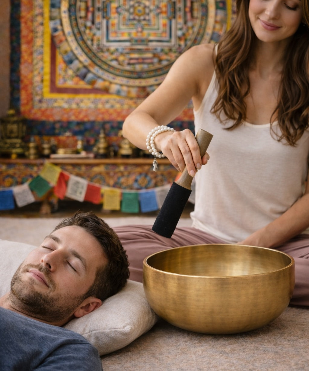 Woman playing a singing bowl in a room with colorful tapestries and decorations.