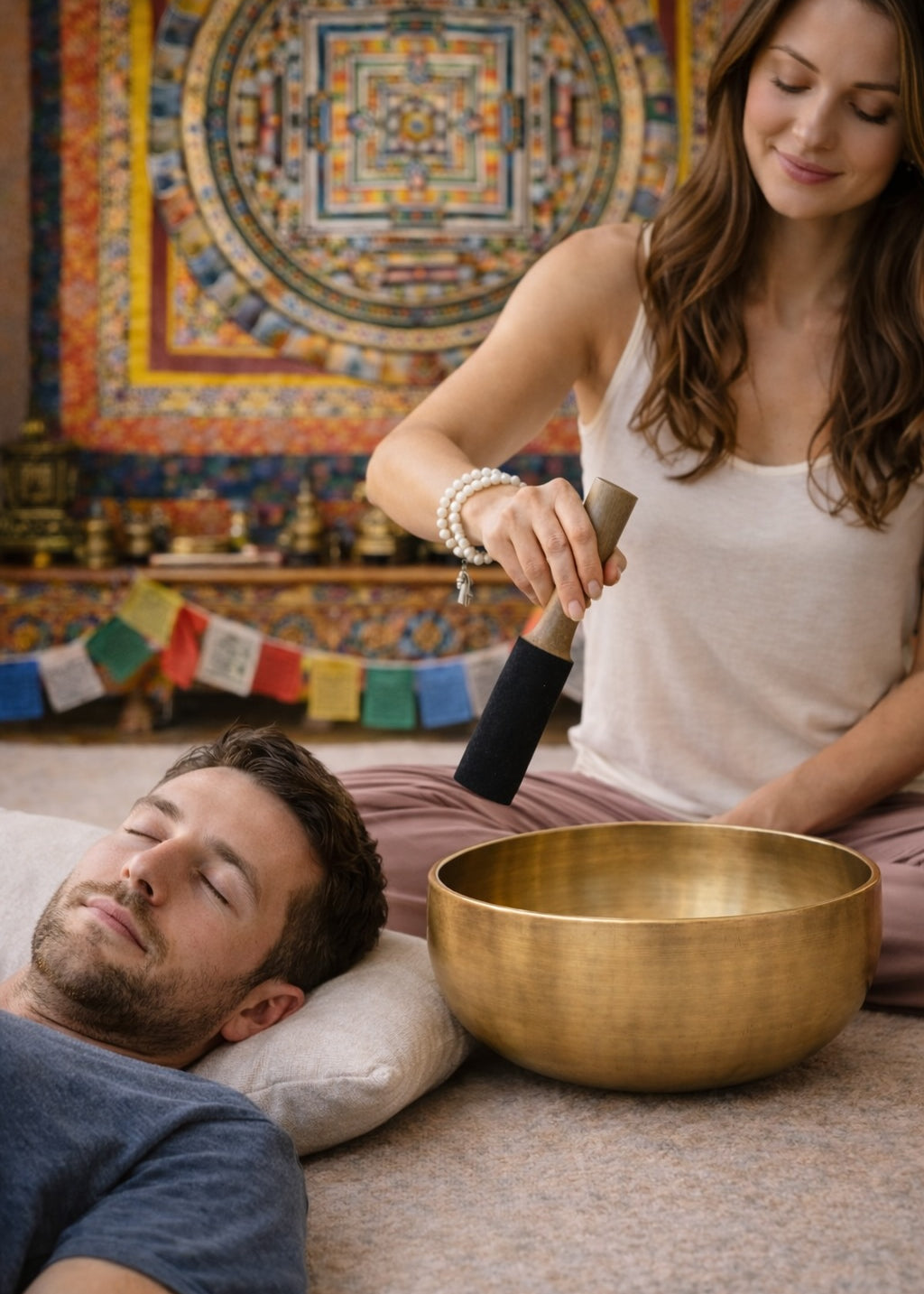 Woman playing a singing bowl in a room with colorful tapestries and decorations.