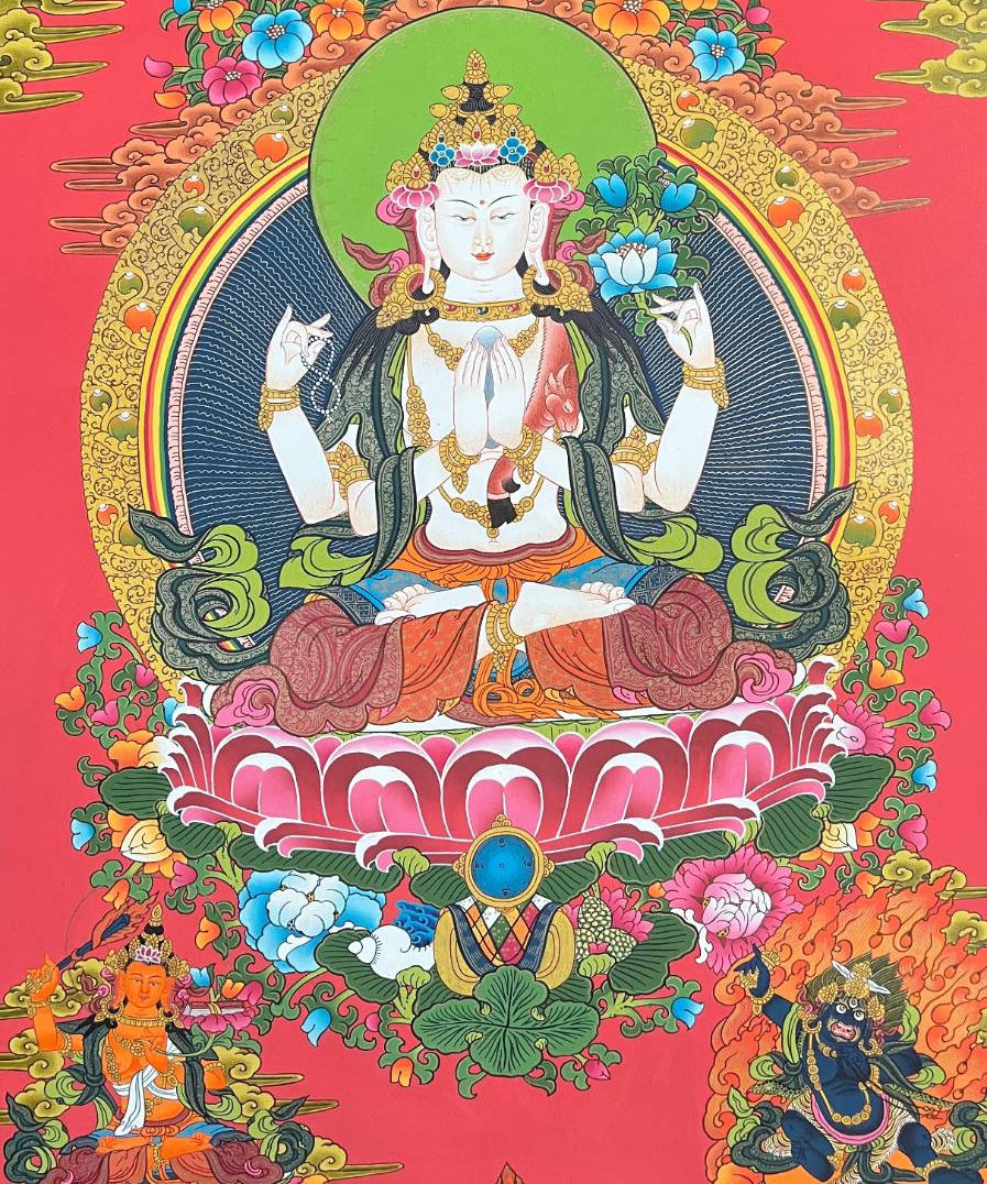 Chengrezi Thangka Painting with Red Background Manjushri and Bajrapani

