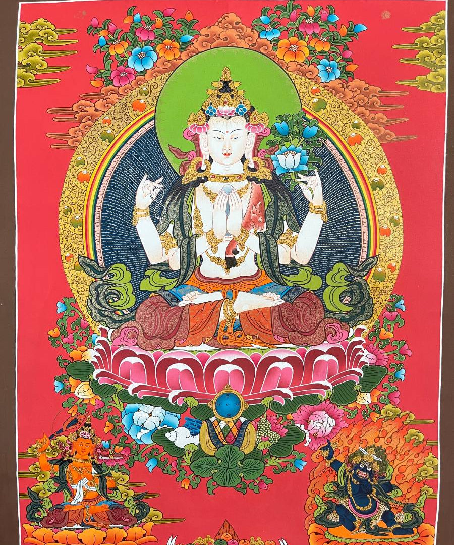 Chengrezi Thangka Painting with Red Background Manjushri and Bajrapani