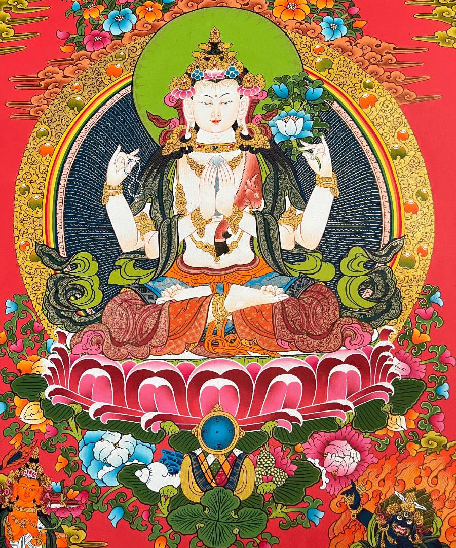 Chengrezi Thangka Painting with Red Background Manjushri and Bajrapani