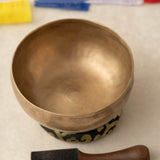 Handmade KOPRE BOWL with D3 Sacral Chakra fundamental note and G4 Throat Chakra overtone for meditation, sound healing, and yoga.