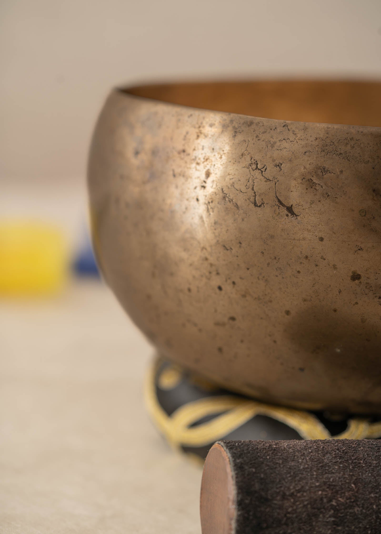 Handmade Kopre Bowl with C3 Root Chakra fundamental note and G4 Throat Chakra overtone for meditation, sound healing, and yoga.