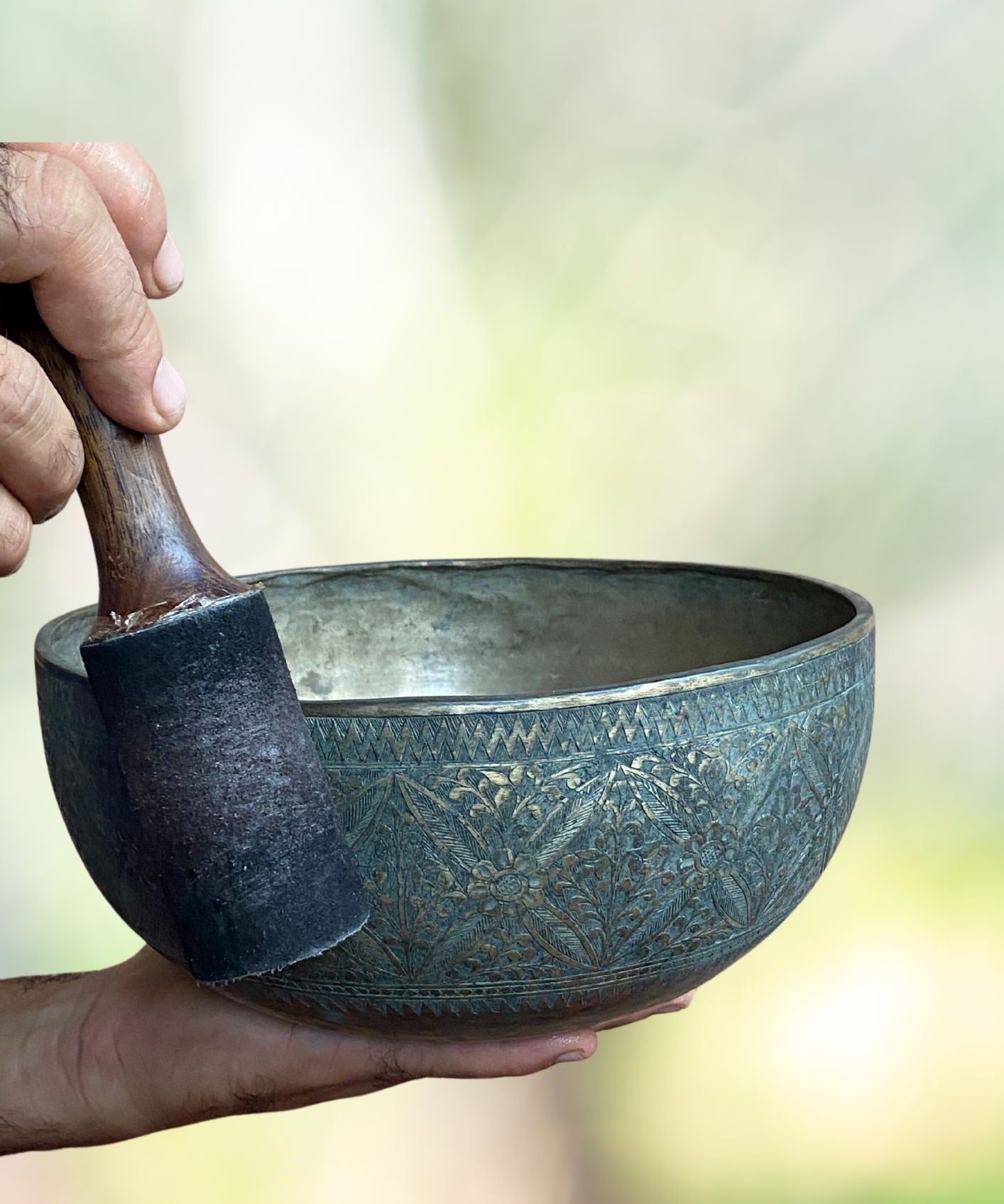 Vintage Flower Carved Singing Bowl for sound therapy.