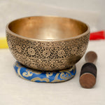 Full Lotus engraved  handmade Tibetan singing bowl with brass finish, wooden mallet, and cushion for Third Eye Chakra meditation