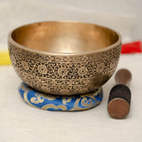 Full Lotus engraved  handmade Tibetan singing bowl with brass finish, wooden mallet, and cushion for Third Eye Chakra meditation