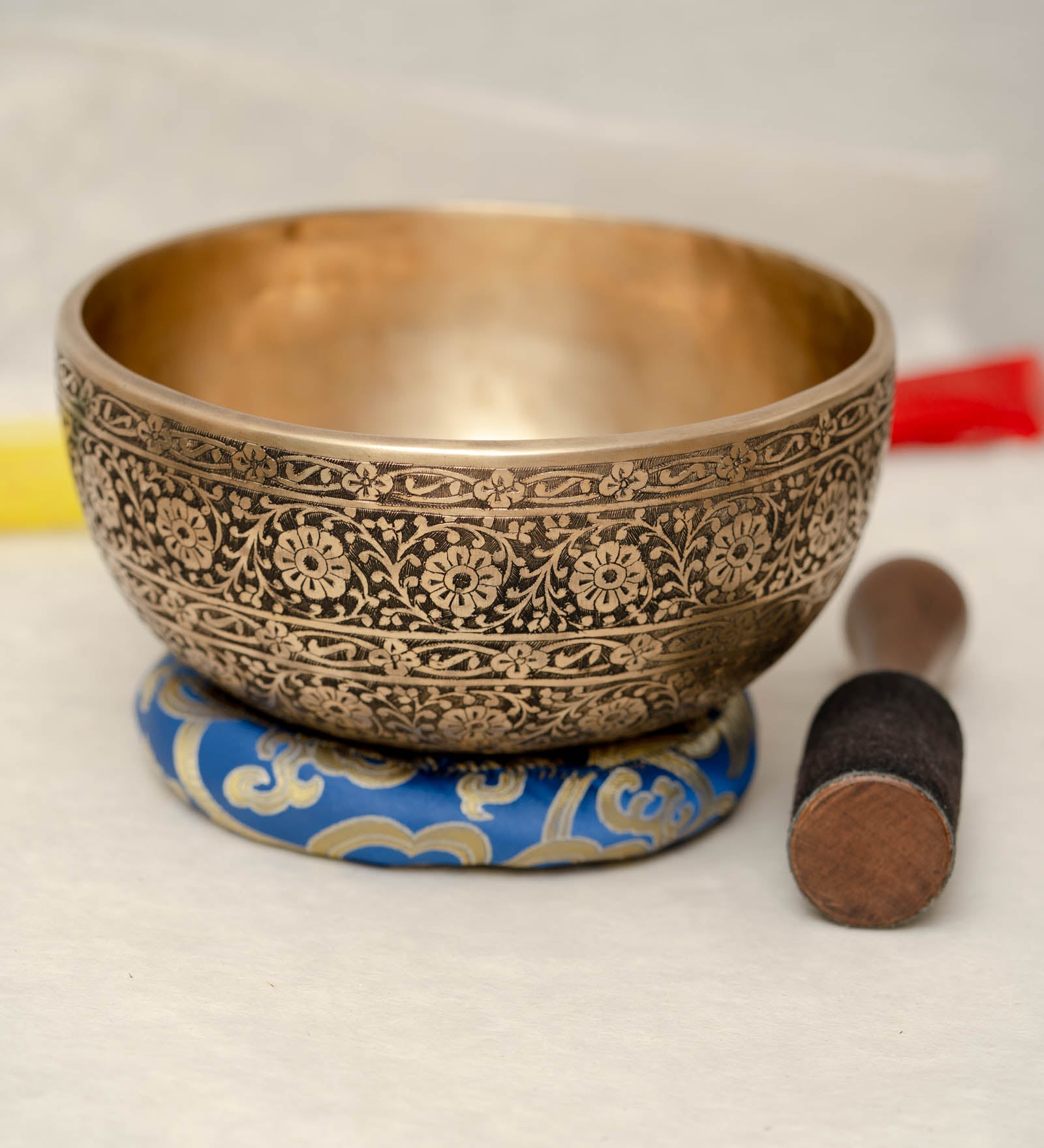 Full Lotus engraved  handmade Tibetan singing bowl with brass finish, wooden mallet, and cushion for Third Eye Chakra meditation