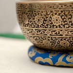 Full Lotus engraved  handmade Tibetan singing bowl with brass finish, wooden mallet, and cushion for Third Eye Chakra meditation