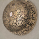 Full Lotus engraved  handmade Tibetan singing bowl with brass finish, wooden mallet, and cushion for Third Eye Chakra meditation