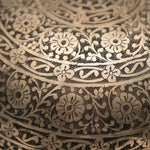 Full Lotus engraved  handmade Tibetan singing bowl with brass finish, wooden mallet, and cushion for Third Eye Chakra meditation