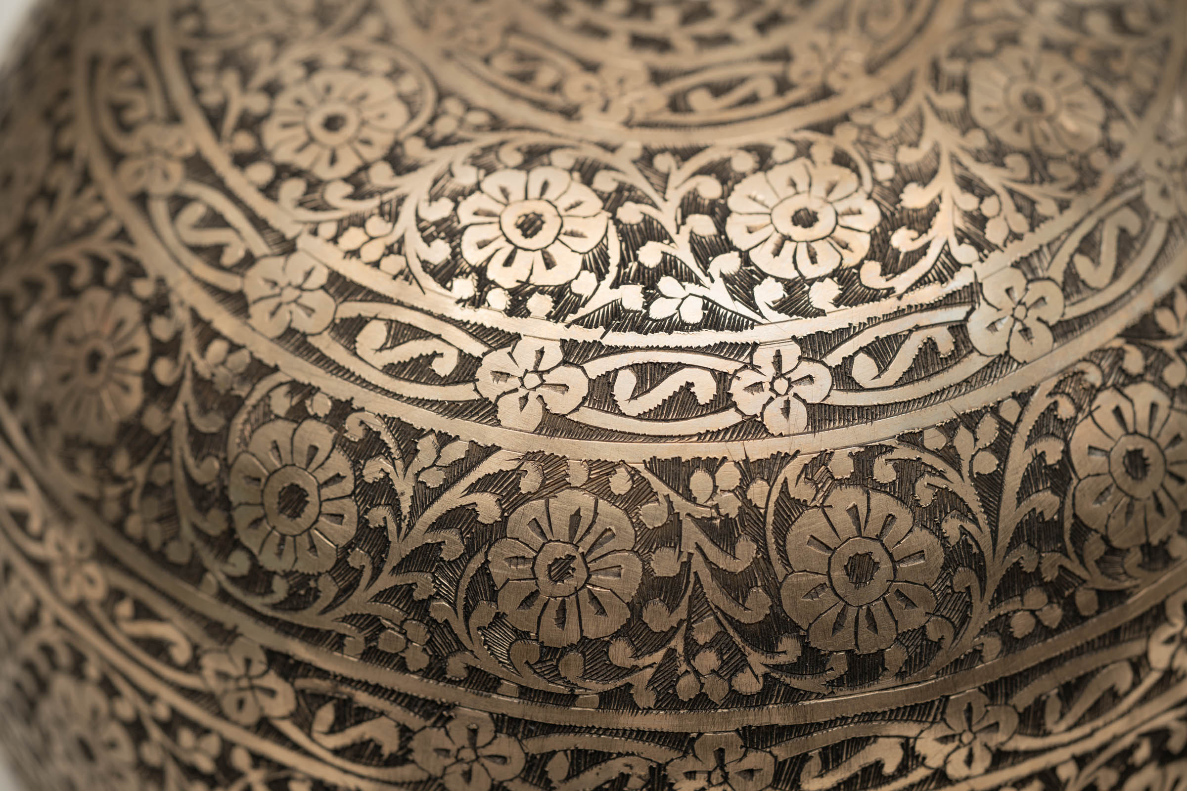 Full Lotus engraved  handmade Tibetan singing bowl with brass finish, wooden mallet, and cushion for Third Eye Chakra meditation