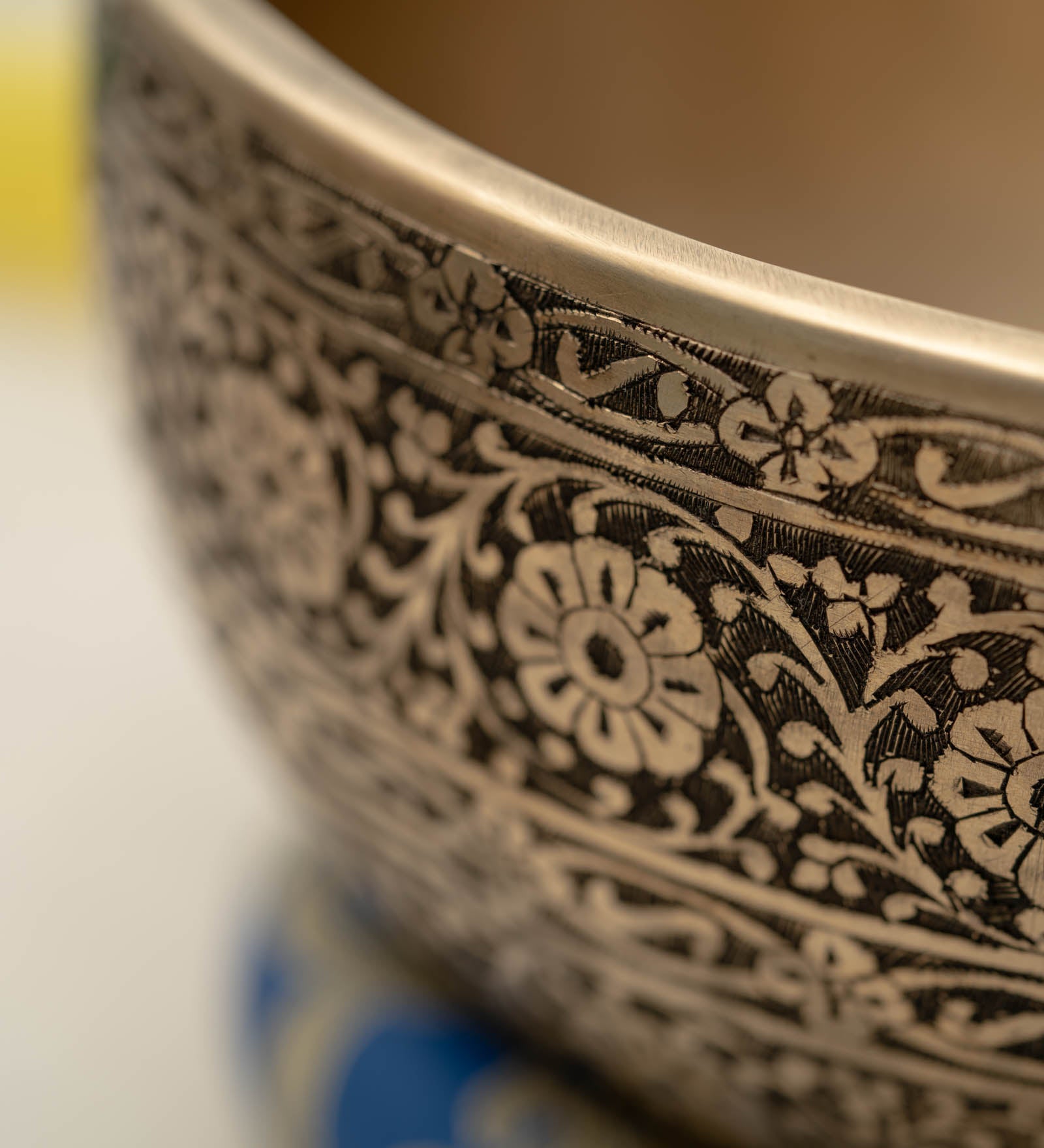 Full Lotus engraved  handmade Tibetan singing bowl with brass finish, wooden mallet, and cushion for Third Eye Chakra meditation