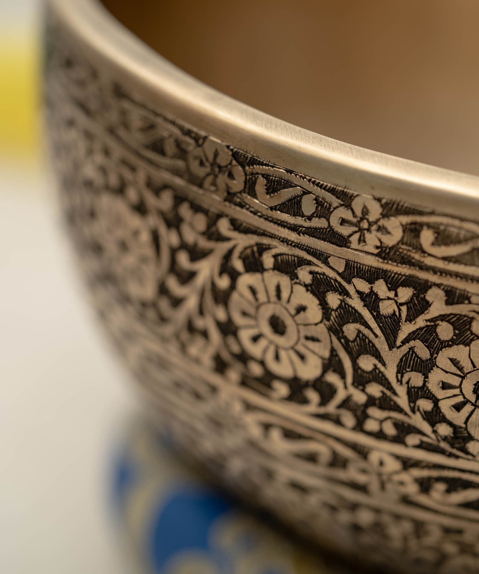 Full Lotus engraved  handmade Tibetan singing bowl with brass finish, wooden mallet, and cushion for Third Eye Chakra meditation