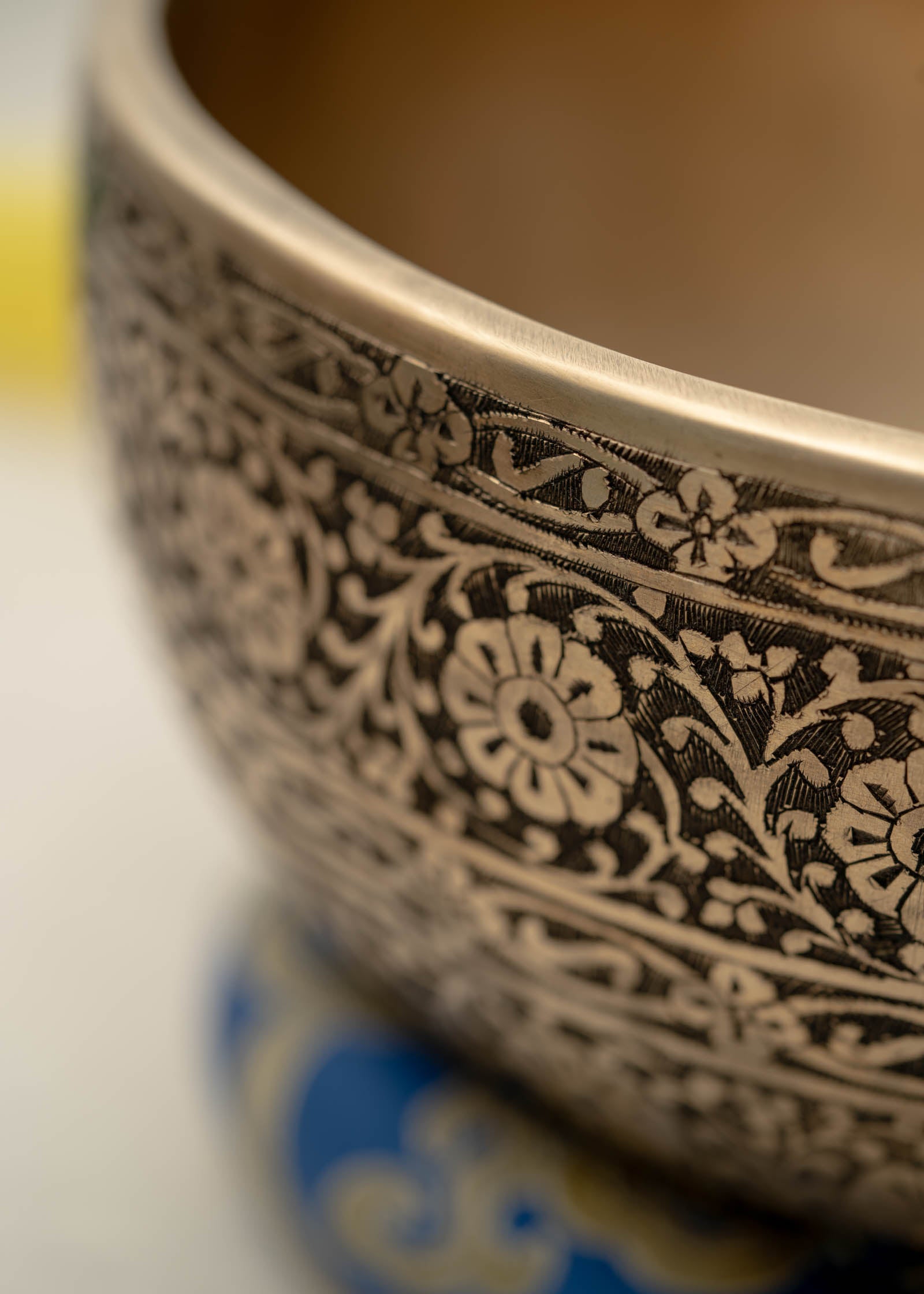 Full Lotus engraved  handmade Tibetan singing bowl with brass finish, wooden mallet, and cushion for Third Eye Chakra meditation